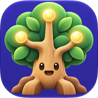 Deku app icon: a smiling Deku Tree with glowing fruit on its branches, on an indigo tile