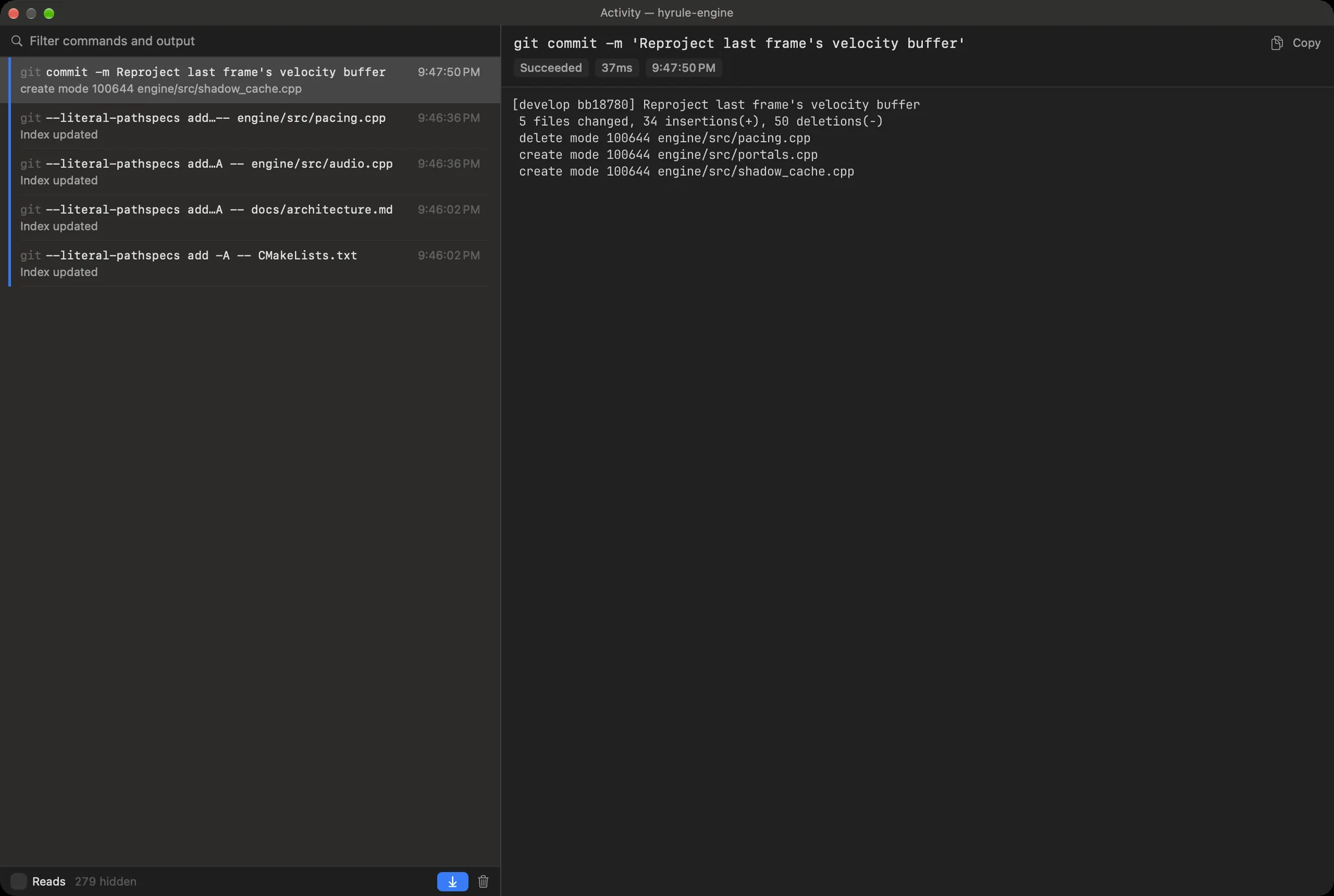 The Activity window listing recent git operations with their timing and status, and the full output of the selected one.