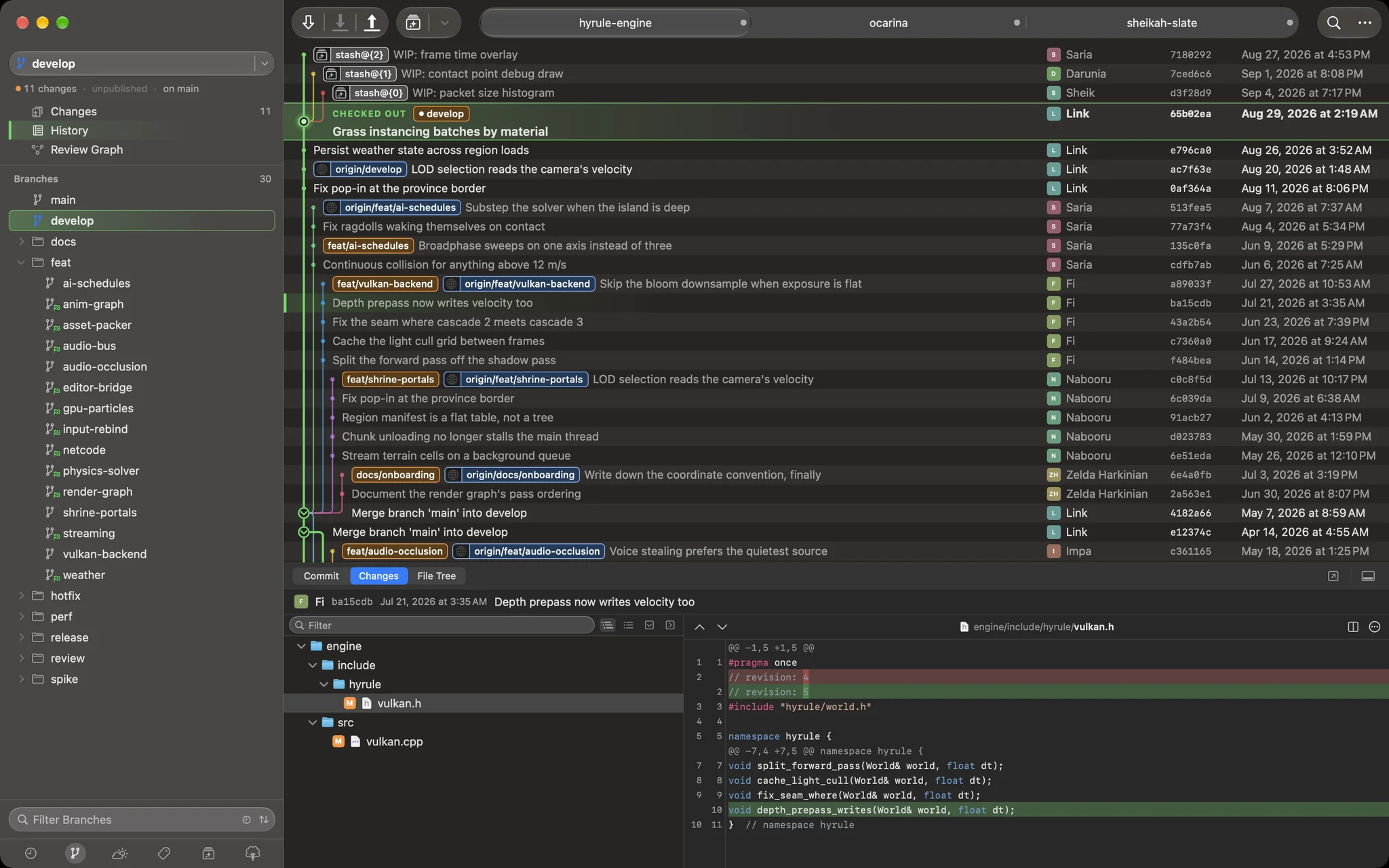 Deku showing the commit graph for a repository: coloured lanes, merge commits, branch and tag badges, the checked-out commit banded and labelled, and a commit detail pane below.
