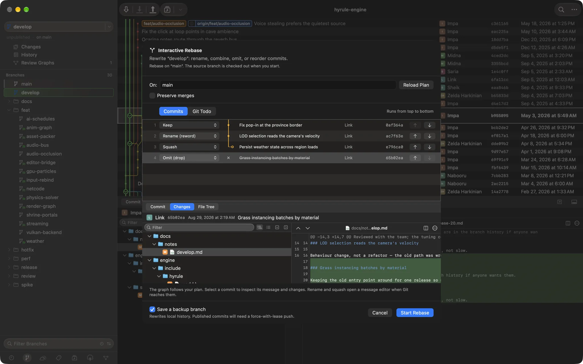 The Interactive Rebase sheet rewriting develop onto main: four commits set to Keep, Rename, Squash and Omit, with a small graph beside them showing the squash folding into the commit above and the omitted commit struck through, and the selected commit's diff below.