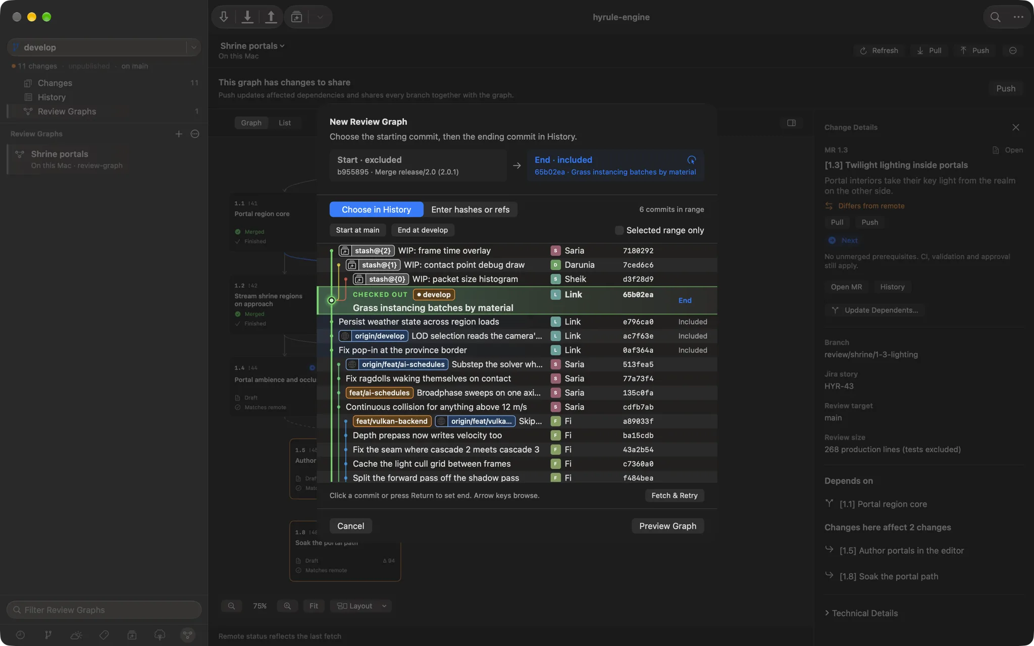 The New Review Graph sheet: a start commit on main marked excluded, an end commit on develop marked included, and the commit history between them with six commits in range.