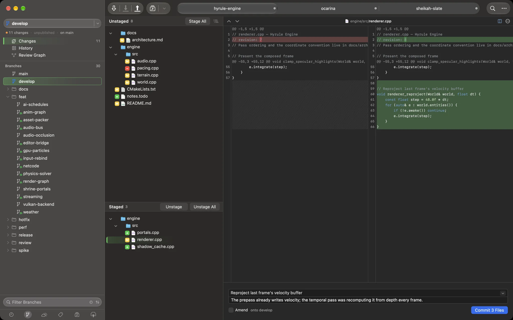 The same file shown as a side-by-side diff, old revision on the left, new on the right, with added lines highlighted.
