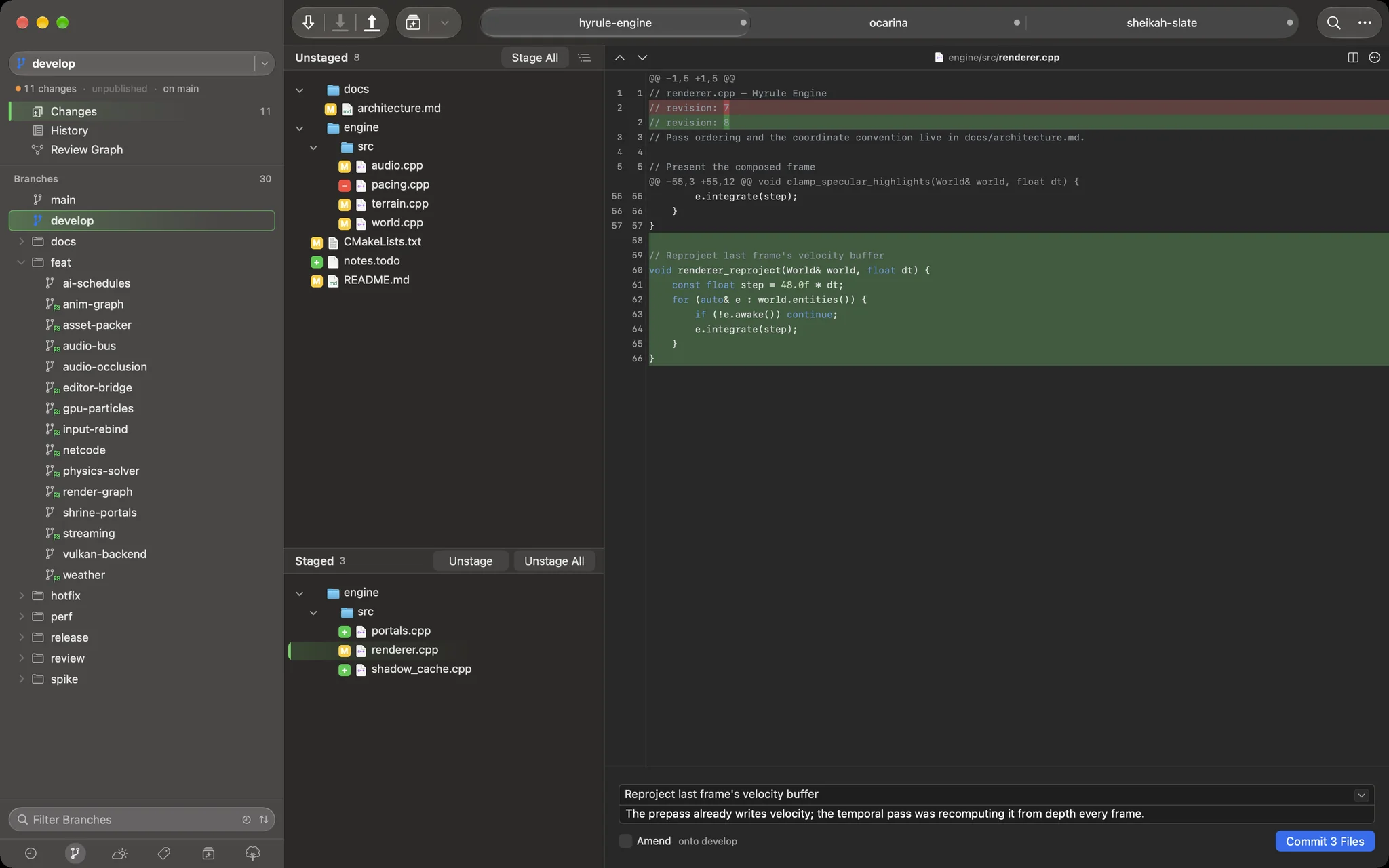 The Changes view: unstaged files above, staged files below, a syntax-highlighted diff on the right, and a commit message being written at the bottom.
