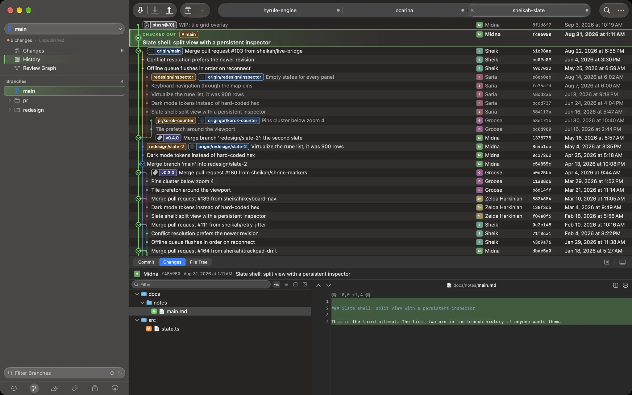 Three repositories open as tabs in one Deku window, with the third selected and its own history showing.