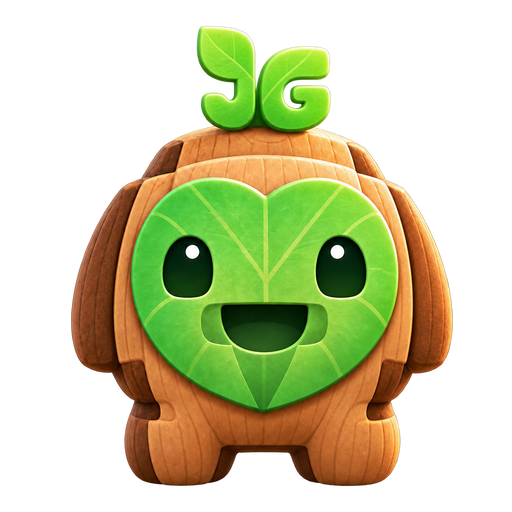 Korok, a wood sprite with a heart-shaped leaf face and a JG sprout crown