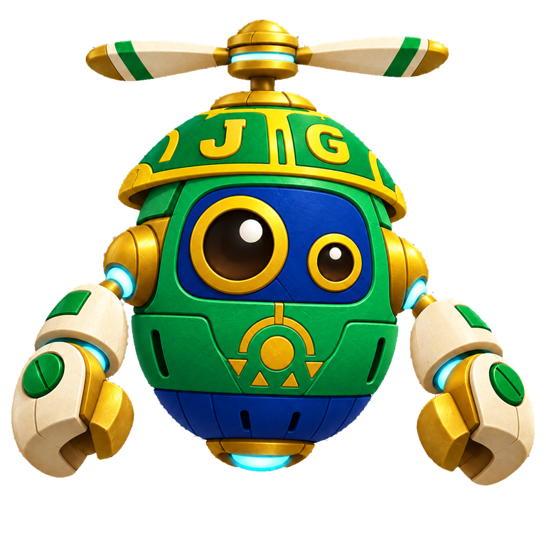 Scrapper, a green and gold flying robot with J and G on its helmet