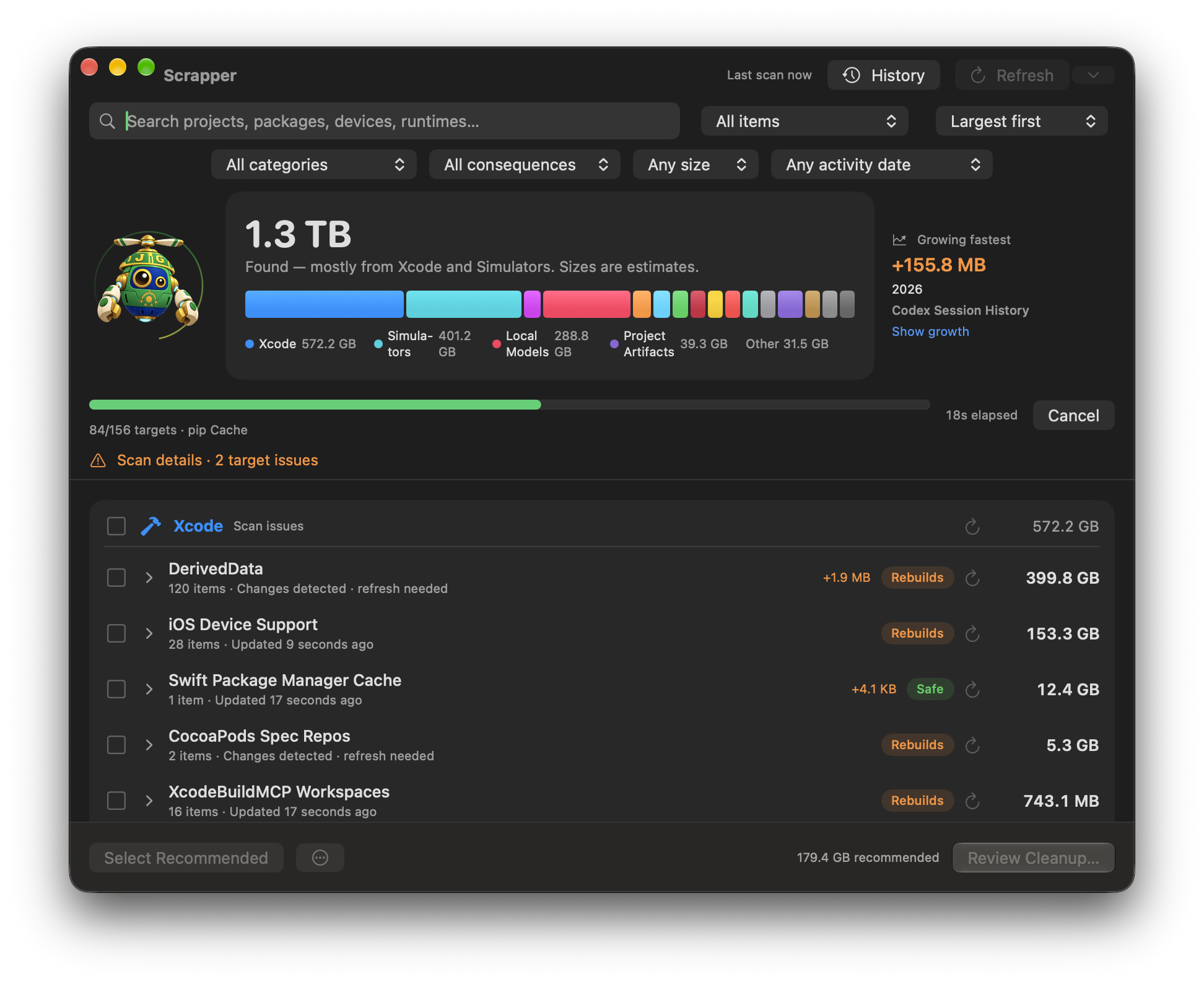Scrapper scanning a real Mac, showing scan progress, storage categories, and developer caches